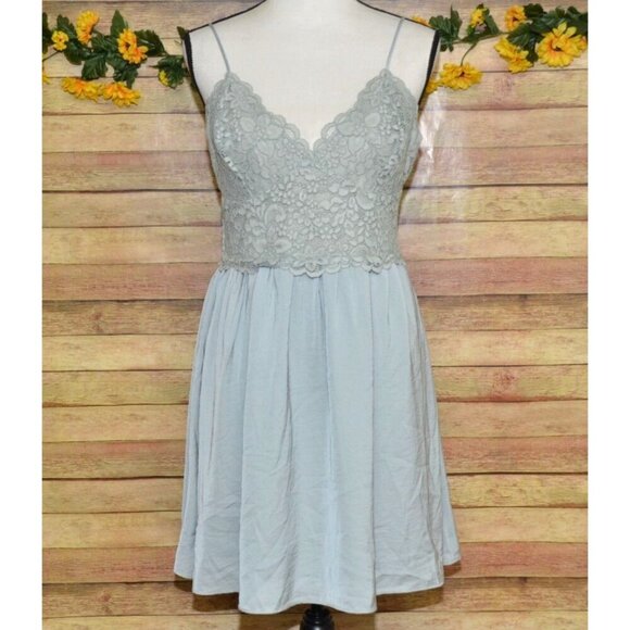 Express Seafoam Green Lace Smocked Babydoll Dress Y2K Size L Boho Feminine Cute - Picture 1 of 11